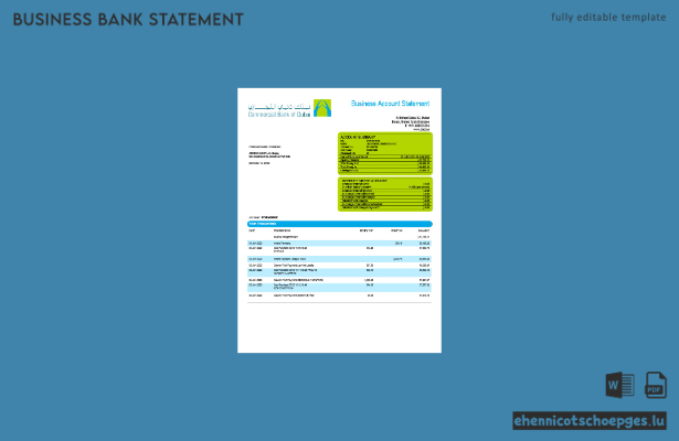 Beispiel eines Kontoauszugs vom Firmengirokonto der Commercial Bank of Dubai (Word- und PDF-Datei)